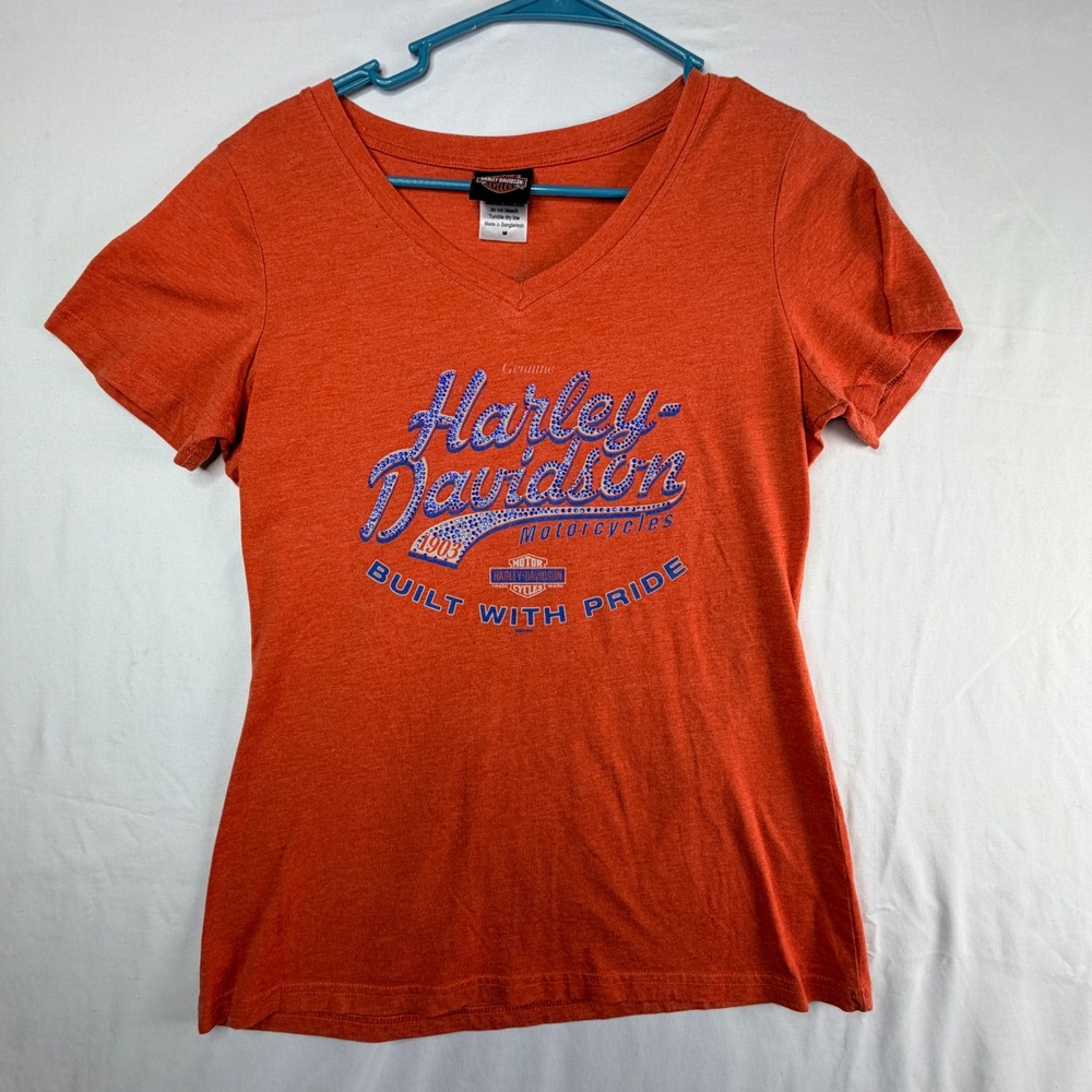 Harley Davidson Graphic T-Shirt Size M Orange V-Neck New Orleans Bourbon Street